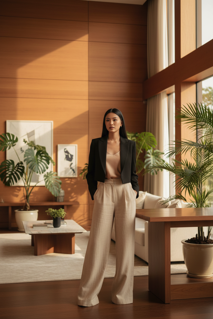 Blazer cropped noir - modèle asiatique décor luxueux
